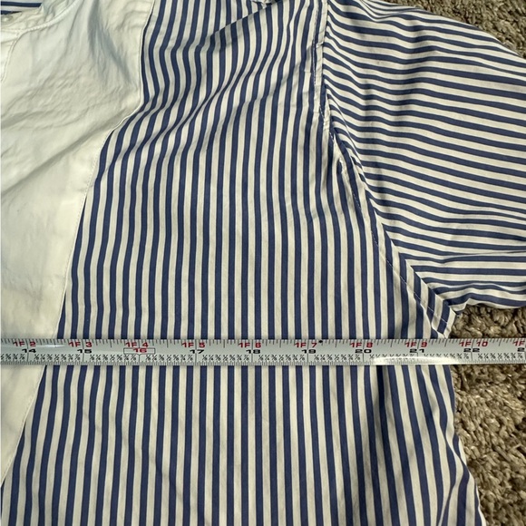 SPANX Poplin Tuxedo Shirt XL Blue White Stripe Long Sleeve High-Low Hem nautical - Picture 9 of 12